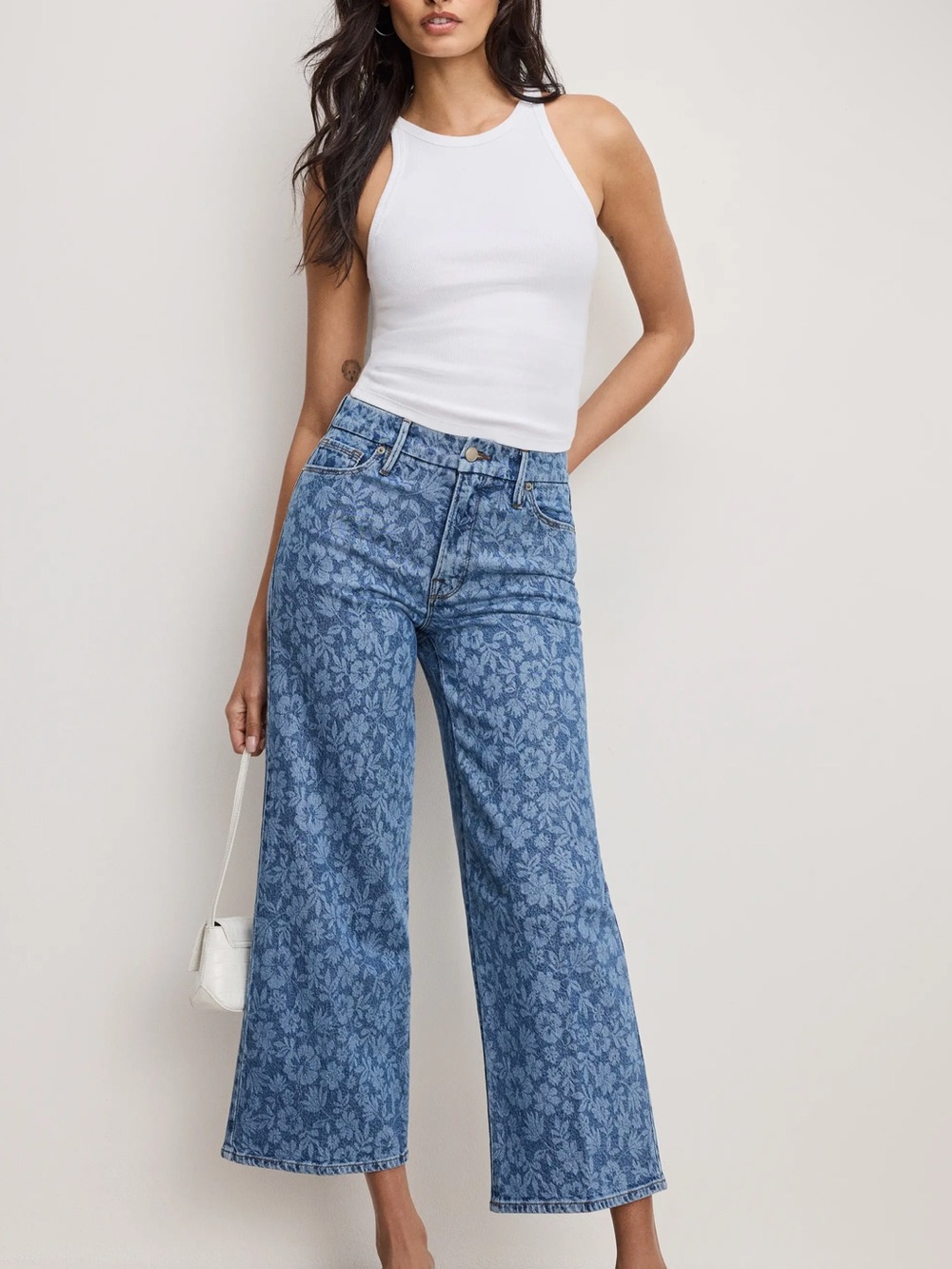 Good American palazzo crop floral -Print Wide Leg Jeans - Blue! New 12